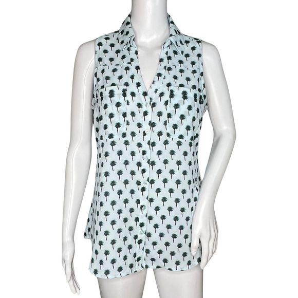 Express Tops - Express Shirt‎ Women Small Blue Tree Print Sleeveless Button Up Casual Whimsical